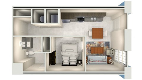 a floor plan of a studio apartment with a bedroom and living room